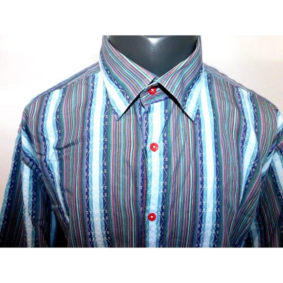 Luchiano Visconti Black Mens 2XL Blue Striped Button Up LS Shirt Flip Cuff - Picture 4 of 11